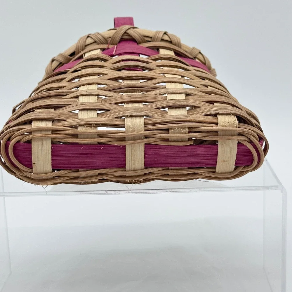 Woven Wall Basket 5x5 Small Tan Pink Bow Hanging Decor